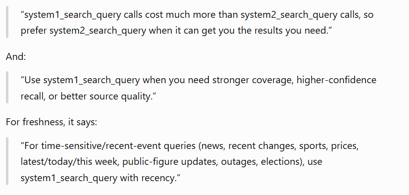 The Work tab's instructions as quoted by ChatGPT: system1_search_query calls cost much more than system2_search_query calls, so prefer system2; use system1 for stronger coverage or better source quality.